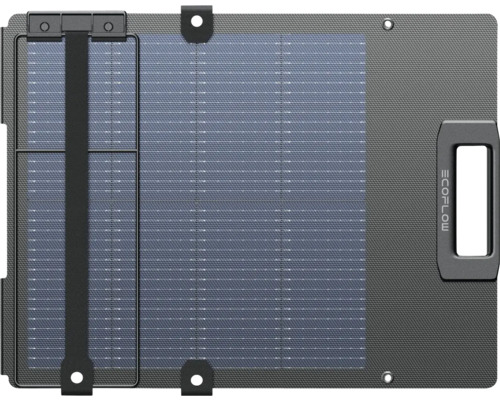 Panneau solaire EcoFlow portable avec poignée intégrée et œillets de fixation pour applications mobiles.