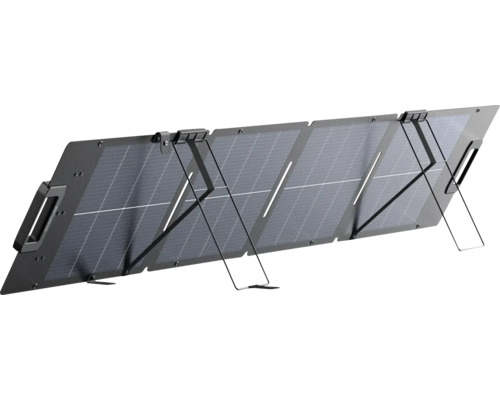 Panneau solaire pliable avec quatre modules et supports dépliables pour la production d'énergie mobile.