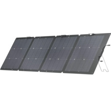 Panneau solaire pliable à quatre modules avec support intégré et câbles de connexion.