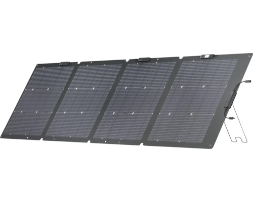 Panneau solaire pliable à quatre modules avec support intégré et câbles de connexion.