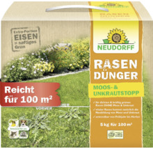 Engrais gazon Neudorff stop mousse et mauvaises herbes, 5 kilogrammes pour 100 mètres carrés, contient du fer, sûr pour les animaux.