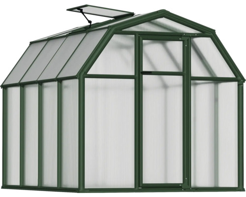 Gewächshaus mit grünem Metallrahmen, Hohlkammerplatten aus Polycarbonat und geöffnetem Dachfenster.
