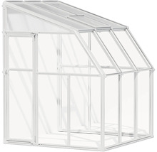 Anlehngewächshaus mit weißem Aluminiumrahmen, transparenten Scheiben, einer Tür und einem Dachfenster.