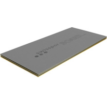 Swisspor Board Bauplatte zur Daemmung und als Fliesentraeger, graue strukturierte Oberflaeche mit gelbem Kern.