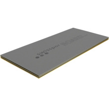 Swisspor Board Bauplatte mit 4 Millimeter Stärke, graue gerippte Oberfläche und mehrschichtiger Aufbau.