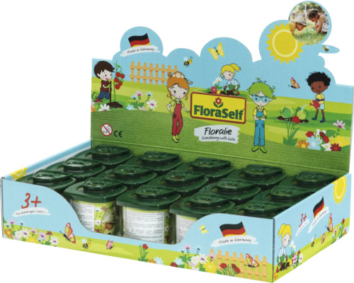 Présentoir FloraSelf Floralie avec boîtes loupes vertes pour enfants dès 3 ans, fabriqué en Allemagne.
