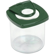 Gobelet loupe Klein pour l'observation des insectes avec couvercle vert, deuxième lentille grossissante et échelle de mesure au fond.