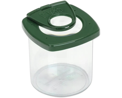 Gobelet loupe Klein pour l'observation des insectes avec couvercle vert, deuxième lentille grossissante et échelle de mesure au fond.