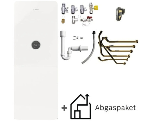Chaudière à condensation au gaz Bosch avec écran, kit de montage, siphon, tuyaux de raccordement et kit d'évacuation des fumées.