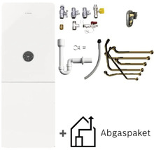 Chaudière à condensation au gaz Bosch blanche avec écran rond, incluant kit de raccordement, siphon et kit d'évacuation des fumées.