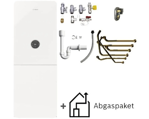Chaudière à condensation au gaz Bosch blanche avec écran rond, incluant kit de raccordement, siphon et kit d'évacuation des fumées.