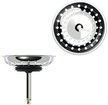 Panier de crépine pour évier en acier inoxydable avec joint et tige de guidage, vue de dessus et de côté.