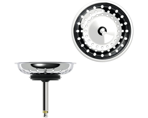 Panier de crépine pour évier en acier inoxydable avec joint et tige de guidage, vue de dessus et de côté.