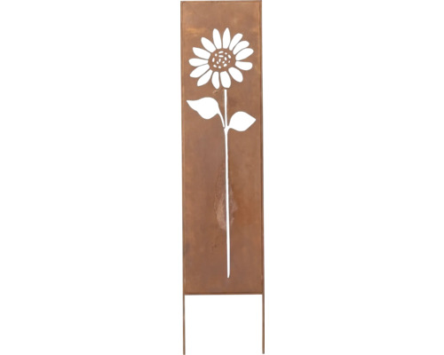 Gartenstecker aus Metall in Edelrost-Optik mit Sonnenblumen-Motiv.