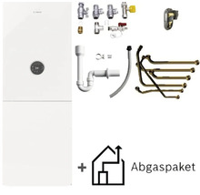 Chaudière à condensation au gaz Bosch avec affichage numérique, kit pour évacuation des fumées et kit installation avec tuyaux, vannes et siphon.