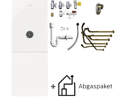 Chaudière à condensation au gaz Bosch avec affichage numérique, kit pour évacuation des fumées et kit installation avec tuyaux, vannes et siphon.
