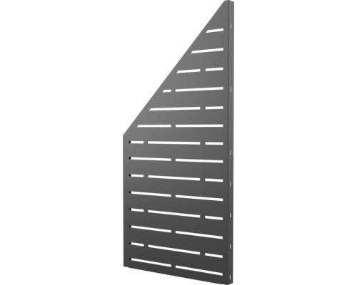 Schräges Sichtschutzelement aus Metall in Anthrazit mit horizontalen Schlitzen für Garten oder Terrasse.