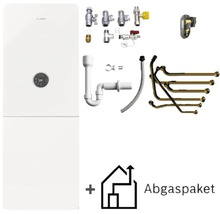 Chaudière à condensation au gaz Bosch avec écran, kit de montage, siphon, tuyaux de raccordement et kit d'évacuation des fumées.