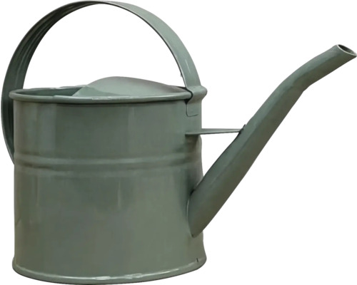 Arrosoir gris en métal avec poignée et long bec verseur.