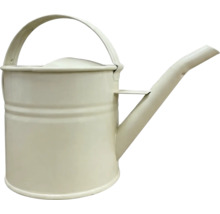 Arrosoir en métal couleur crème avec une grande poignée et un long bec verseur.