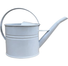 Arrosoir en métal blanc avec poignée et long bec.