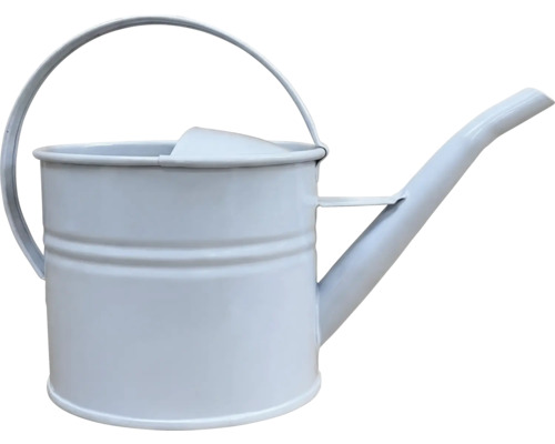 Arrosoir en métal blanc avec poignée et long bec.