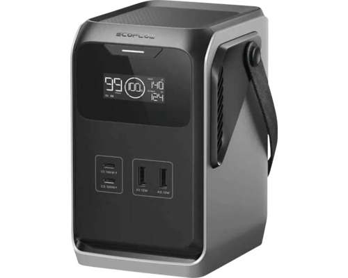 Station électrique portable EcoFlow avec affichage numérique, ports USB-C et USB-A et sangle de transport.