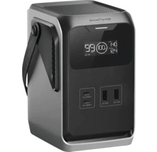 Station de charge portable EcoFlow avec sangle, écran pour l'état de la batterie, deux ports USB-C de 140 et 100 Watt et deux ports USB-A.