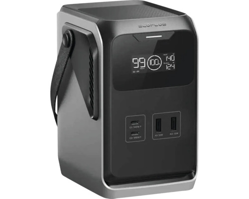 Station de charge portable EcoFlow avec sangle, écran pour l'état de la batterie, deux ports USB-C de 140 et 100 Watt et deux ports USB-A.