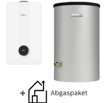 Chaudière à condensation au gaz Bosch avec réservoir d eau chaude et kit d évacuation des fumées.
