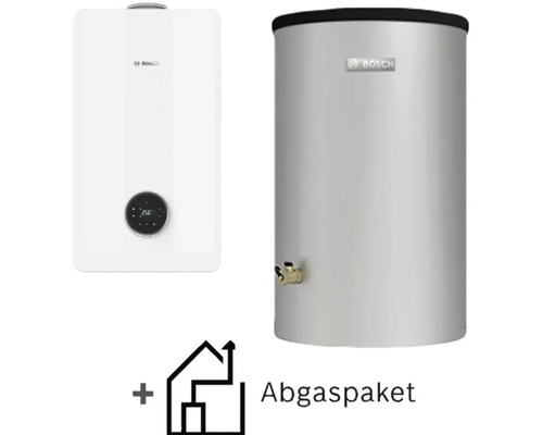 Chaudière à condensation au gaz Bosch avec réservoir d eau chaude et kit d évacuation des fumées.