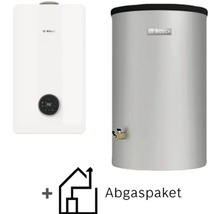 Chaudière à condensation au gaz Bosch avec ballon d'eau chaude et kit d'évacuation des fumées.