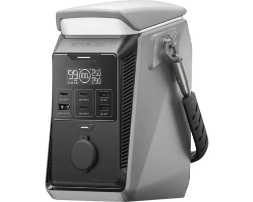 Tragbare Powerstation EcoFlow in Grau mit Display, Anschlüssen für externe Geräte, schwarzem Trageriemen und EcoFlow Logo.