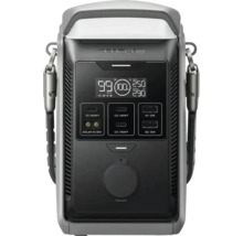 Tragbare EcoFlow Powerstation mit digitaler Anzeige, EcoFlow Logo, USB-C, USB-A und Solaranschlüssen sowie seitlichen Tragegriffen.