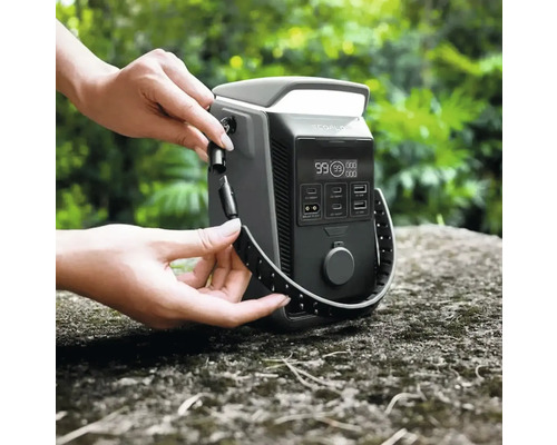 EcoFlow tragbare Powerstation mit digitalem Display und verschiedenen Anschlüssen im Außenbereich. Eine Person befestigt einen Tragegurt am Gerät.