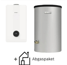 Chaudière à condensation au gaz Bosch blanche avec écran, ballon d'eau chaude argenté et pack d'évacuation.