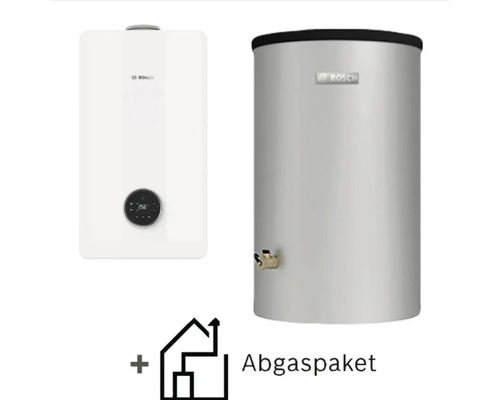 Chaudière à condensation au gaz Bosch blanche avec écran, ballon d'eau chaude argenté et pack d'évacuation.