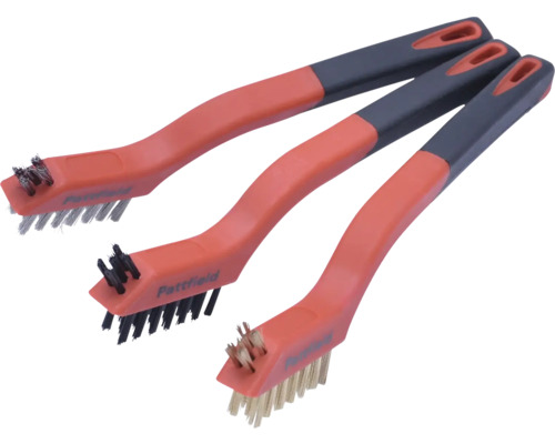 Jeu de 3 brosses métalliques Pattfield avec manche en plastique et poils en acier, laiton et nylon pour les travaux de nettoyage.