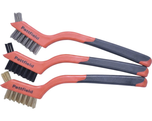 Set de trois brosses métalliques Pattfield avec poils en acier, nylon et laiton et poignées ergonomiques en orange et noir.