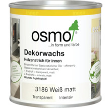 Dose Osmo Dekorwachs 3186 Weiß matt für innen, Holzanstrich auf Basis natürlicher Öle und Wachse, Osmo Logo, Siegel für Kindersicherheit.