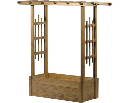 Jardinière en bois avec treillis intégré et pergola.