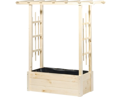 Holz-Pflanzkasten mit integrierter Rankhilfe und Pergola-Aufsatz für den Garten.