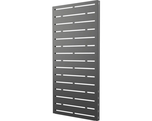 Sichtschutzpaneel aus Metall mit horizontalen Schlitzen in der Farbe Anthrazit.