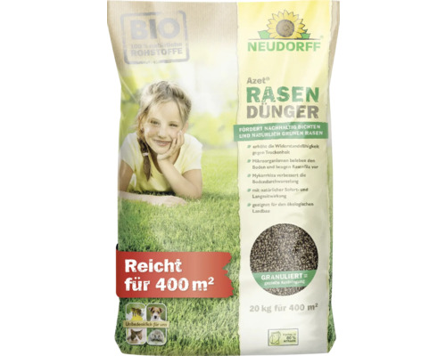 Engrais gazon Neudorff Azet, sac 20 kilogrammes pour 400 mètres carrés, engrais organique 100 pour cent naturel, granulé.