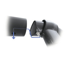 Steckverbindung aus Kunststoff mit gefedertem Arretierknopf und blauer Pfeilgrafik zur Veranschaulichung der Montage.