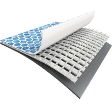 Mehrlagiger Aufbau einer Poolfolie mit blauem Mosaikmuster, weißem Verstärkungsgewebe und grauer Trägerschicht.