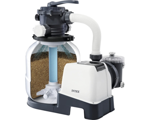 Intex Sandfilteranlage für Pools mit Pumpe, Querschnitt des Filtertanks zeigt Filtersand und Steigrohr, Intex Logo.