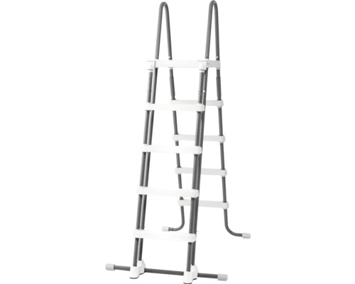 Frei stehende Poolleiter aus Stahlrohr mit Kunststoffstufen für Aufstellpools.