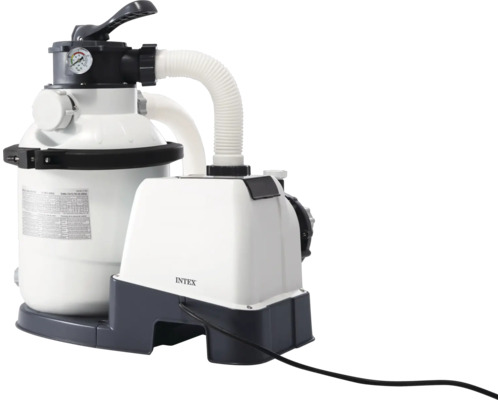 Intex Sandfilteranlage für Pools mit Filterkessel, Pumpe, Manometer und 6-Wege-Ventil in Weiß und Grau.