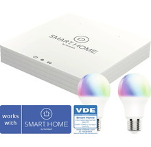 Passerelle Smart Home by Hornbach avec deux ampoules LED, label VDE pour la sécurité de l'information et logo Smart Home by Hornbach.